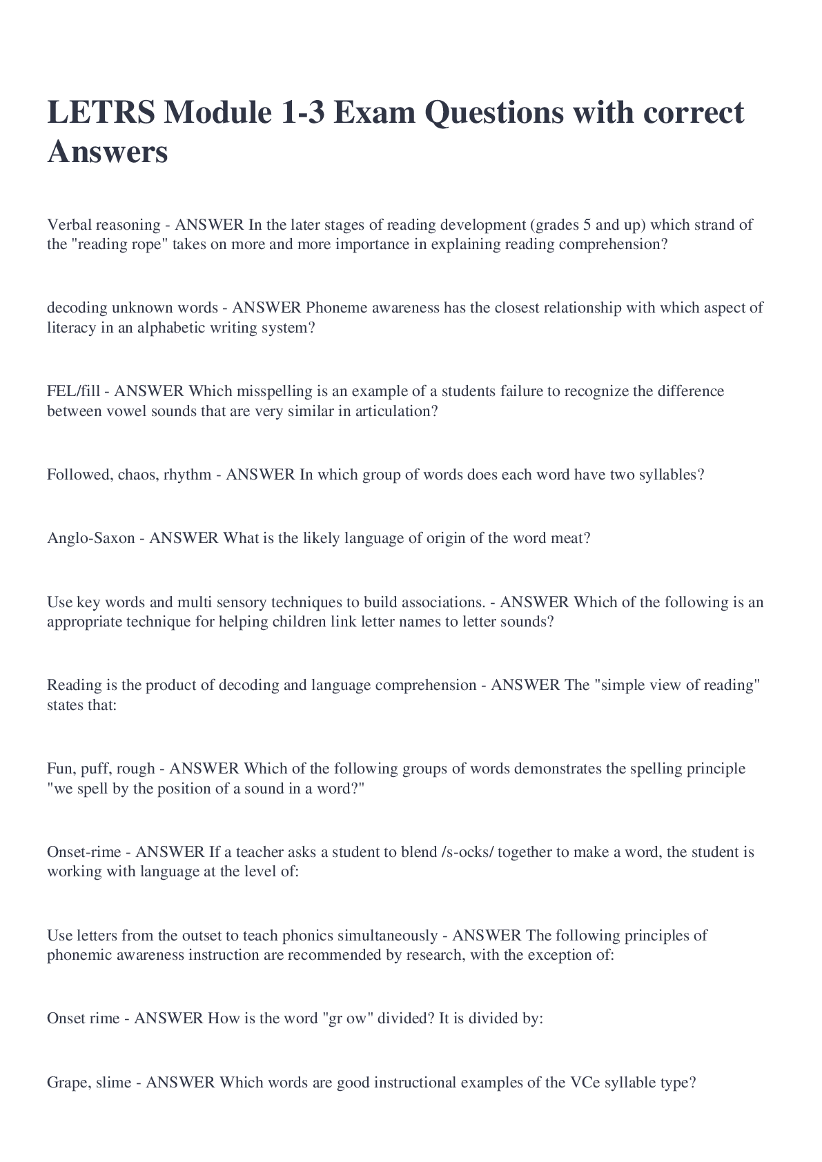 Preview image for LETRS Module 1-3 Exam Questions with correct Answers